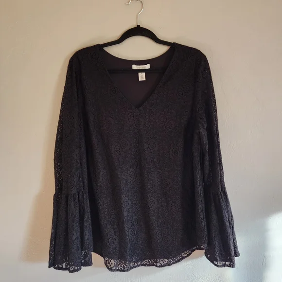 White House Black Market Black Lace Bell Sleeve Blouse - Picture 5 of 11